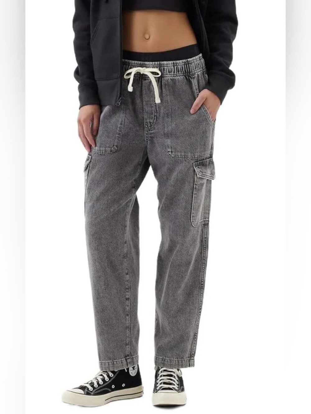Gap Easy Jean Cargo Black Wash Drawstring Pull On 100% Cotton Pants Size Large